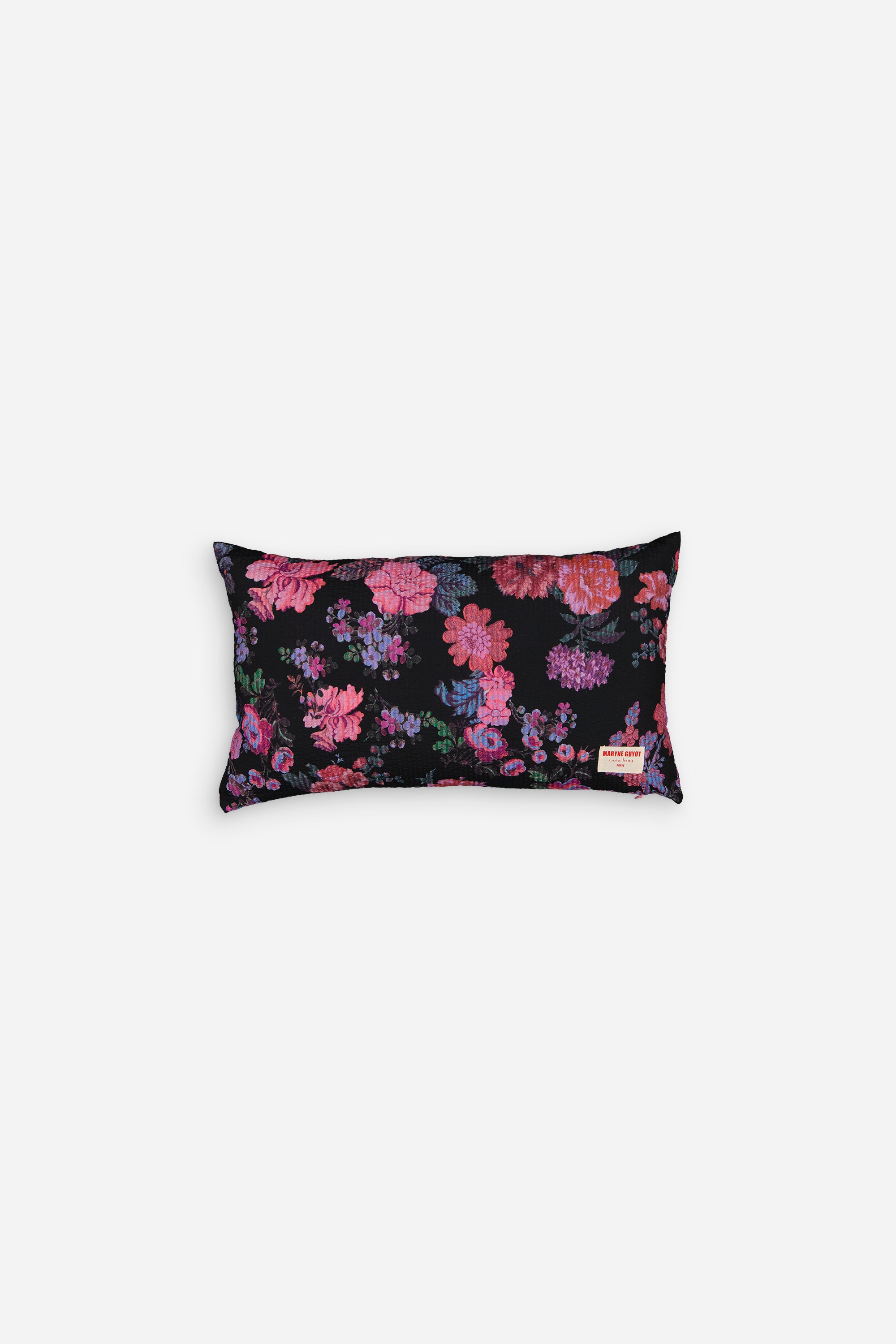 Coussin noir aux fleurs rose - ALMA