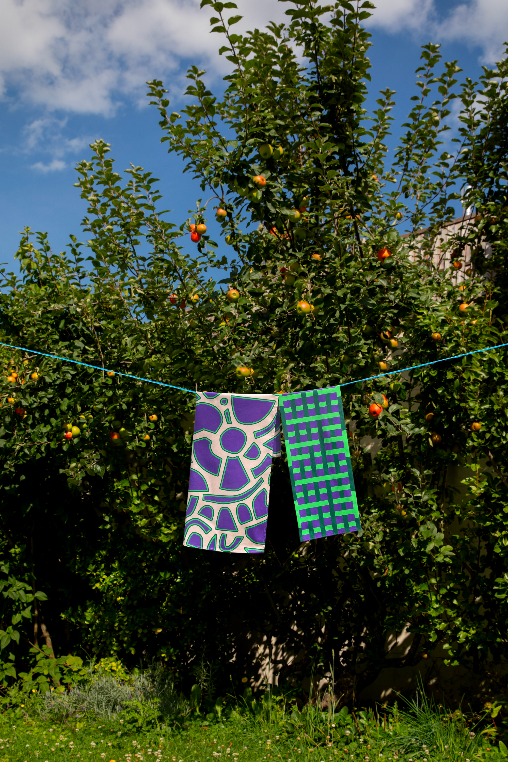 Lot de 2 torchons de cuisine carreau néon + spiral violet et green 100% coton