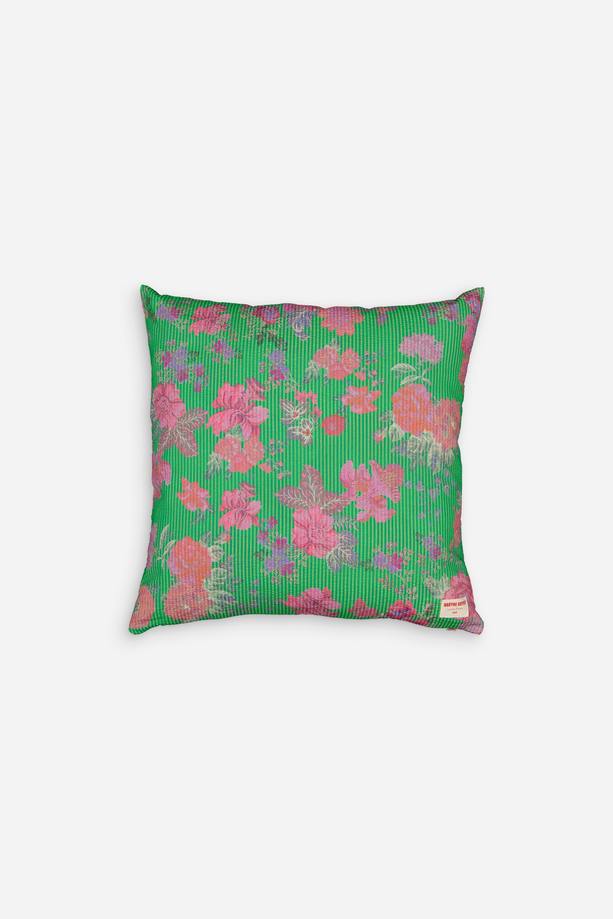 Coussin motifs fleurs moldaves vert et rose - GISÈLE