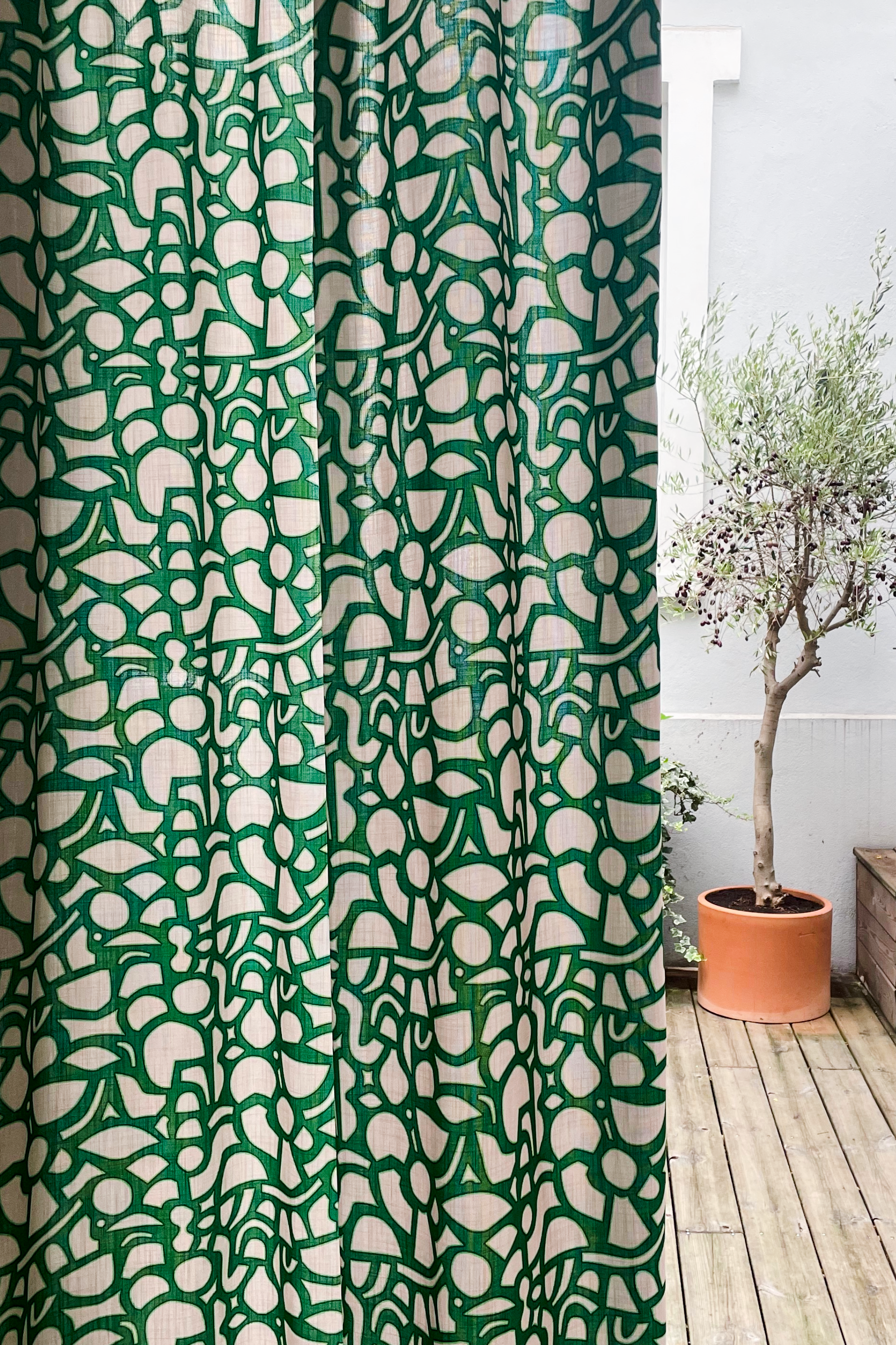 Rideau imprimé motif spiral beige et vert - JACQUES