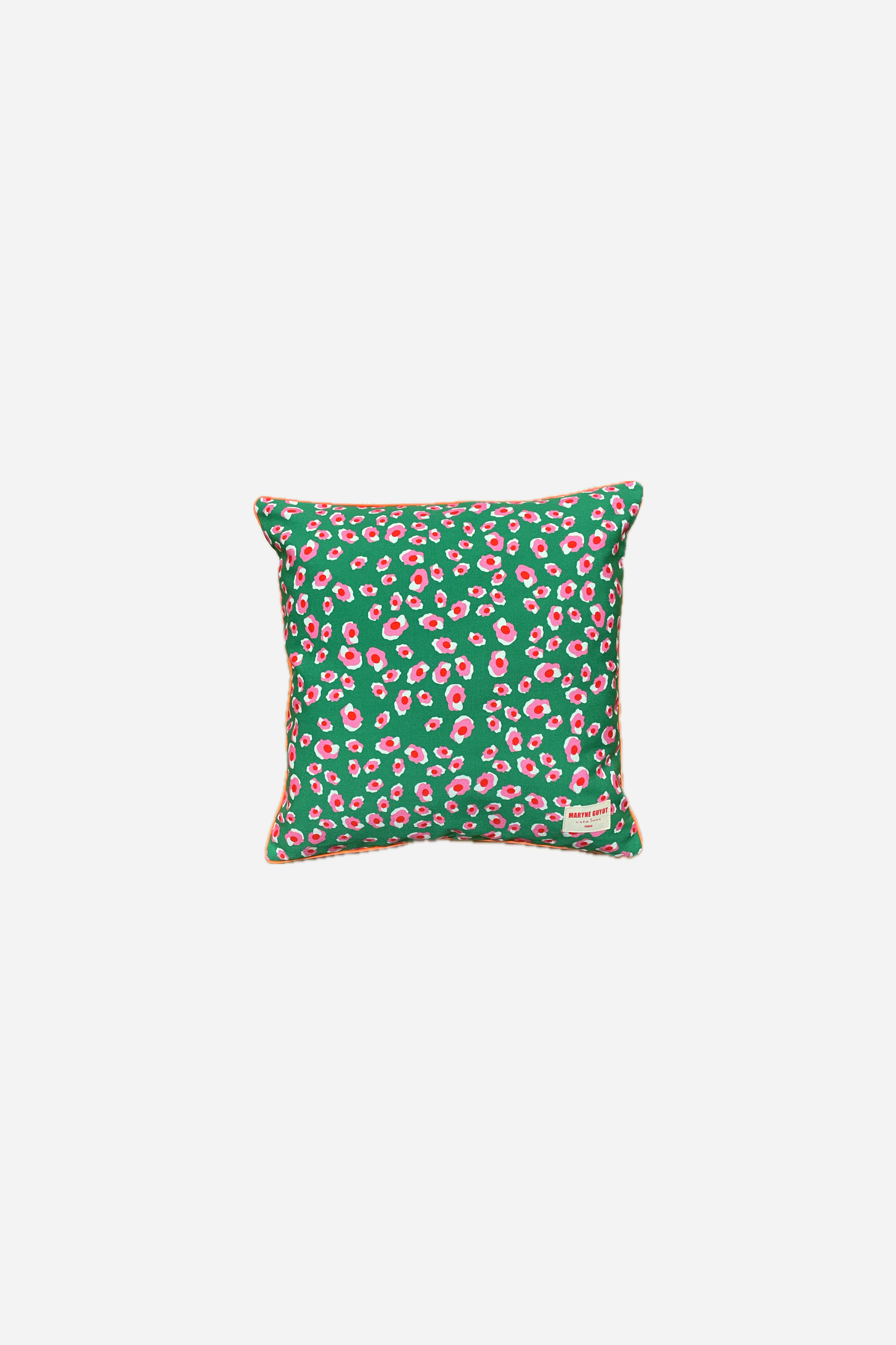 Coussin vert au motif iconique léopard rose blanc - Garance