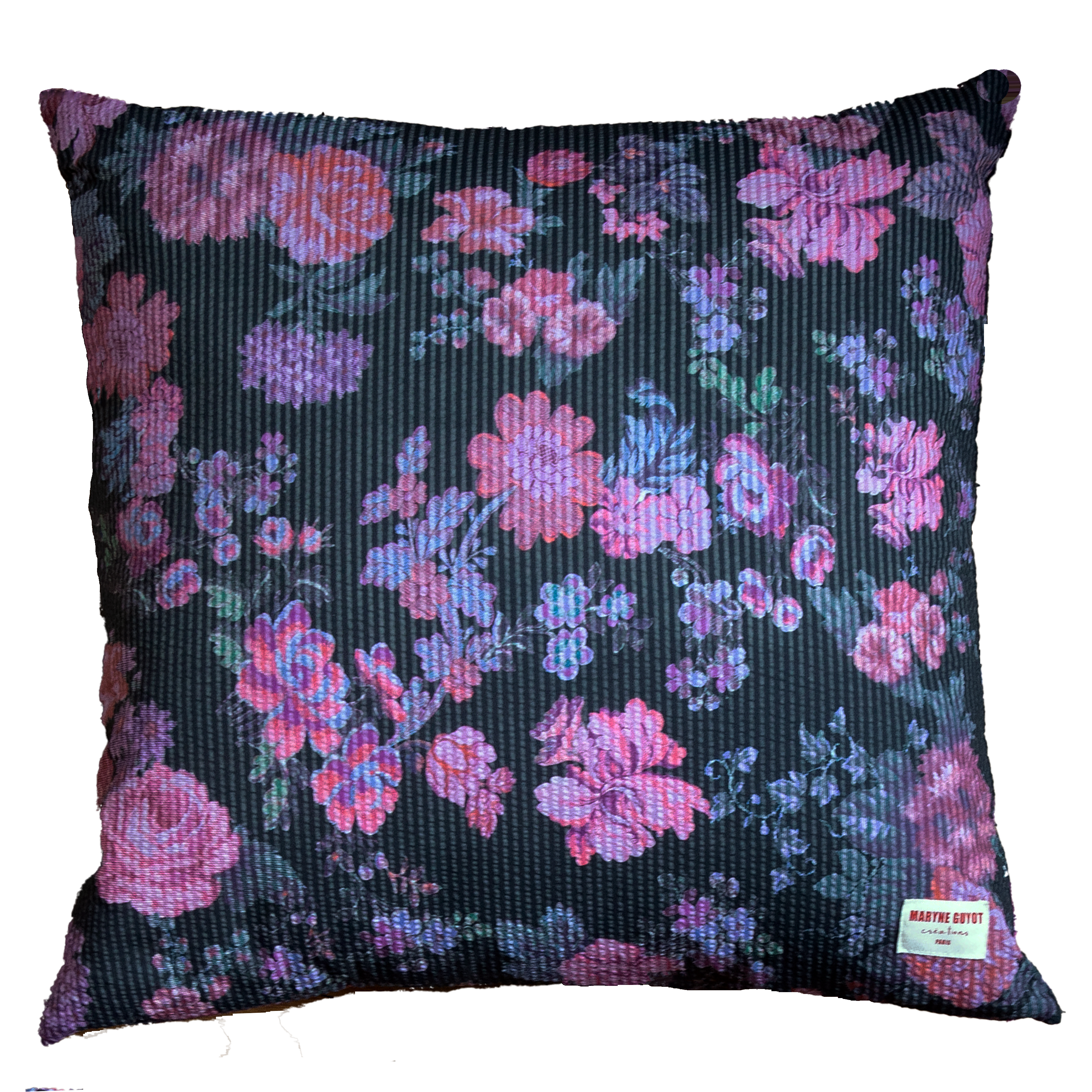Coussin noir aux fleurs rose - ALMA