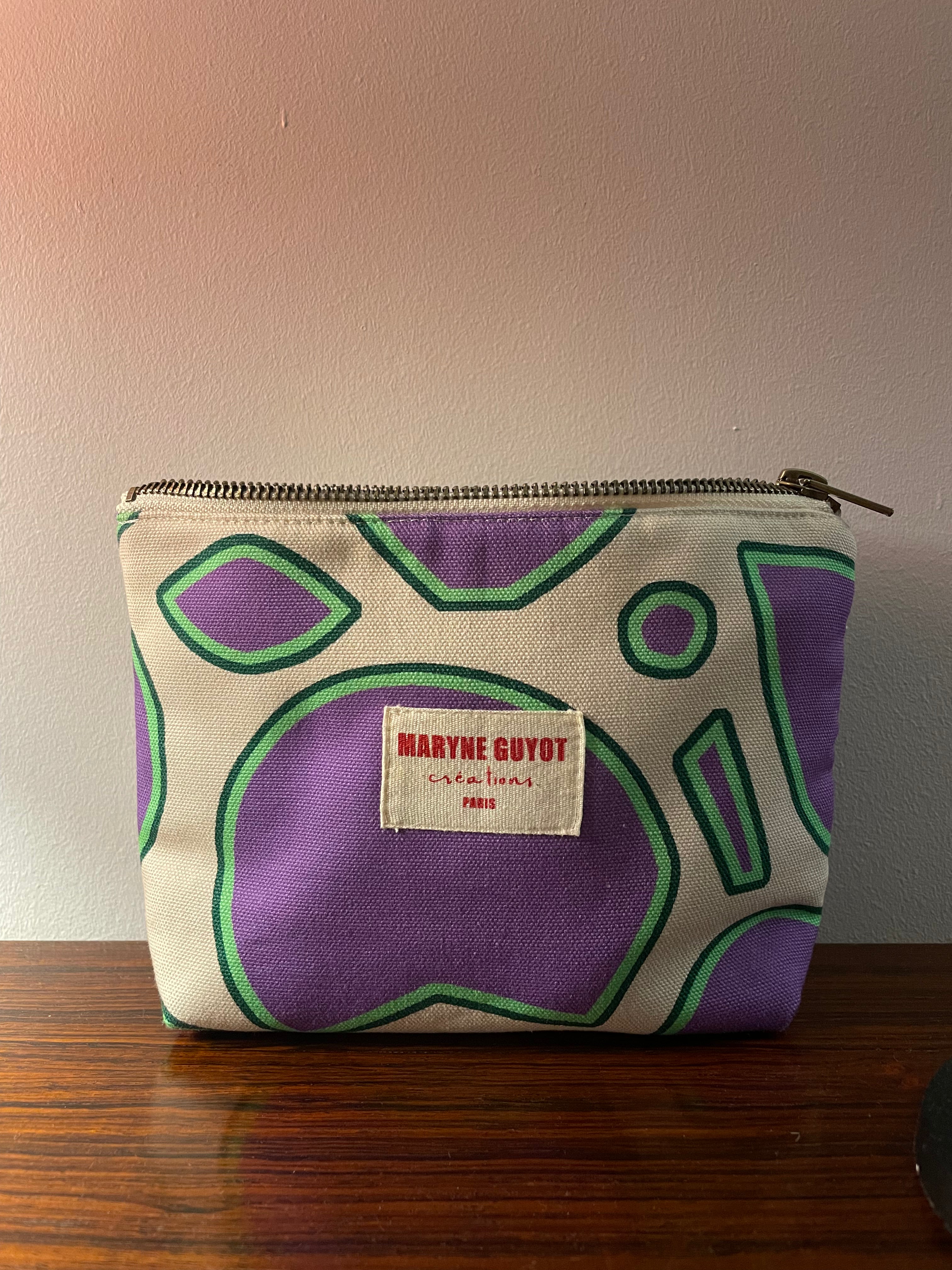 Pochette beauté motif spiral violet, beige et vert