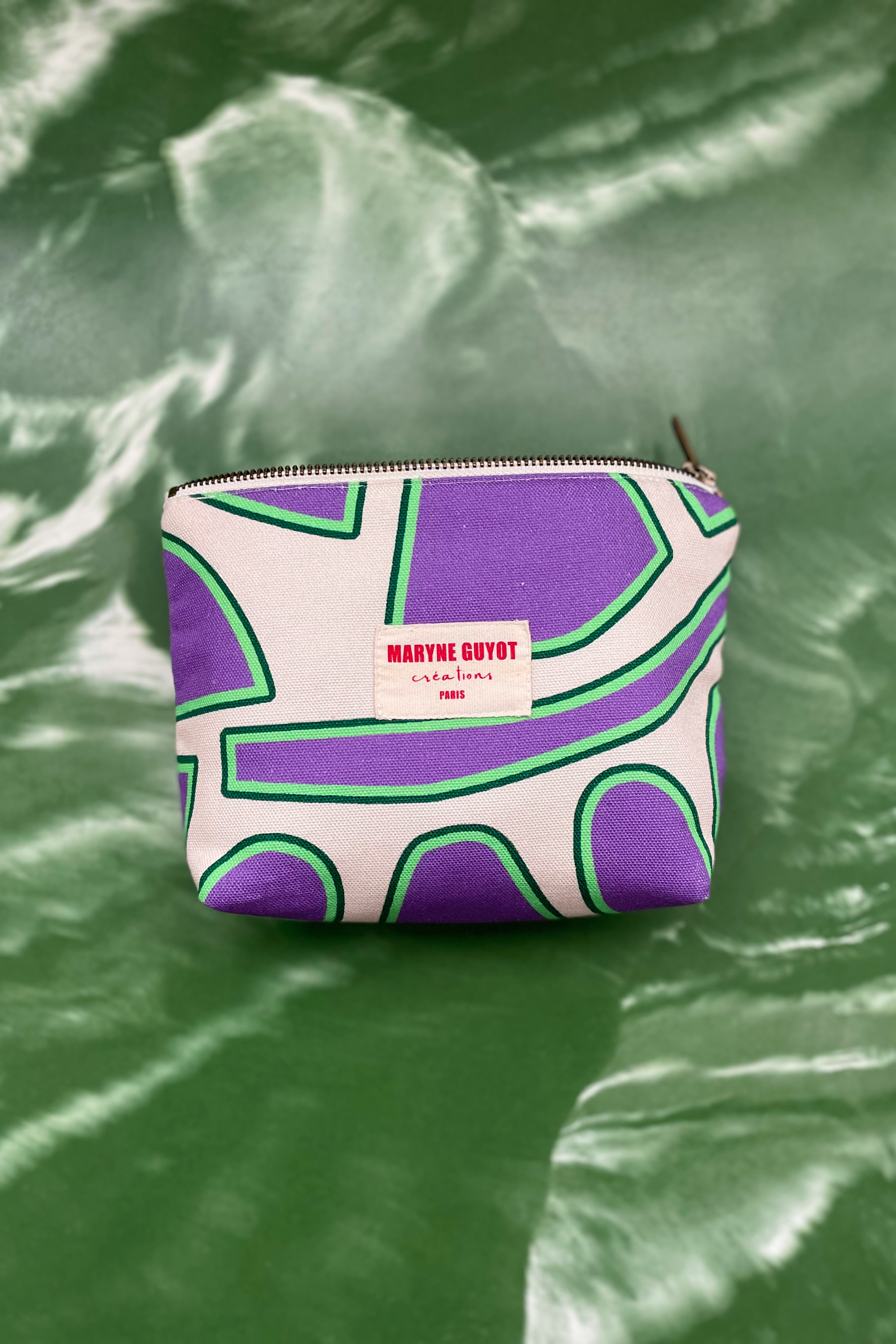 Pochette beauté motif spiral violet, beige et vert