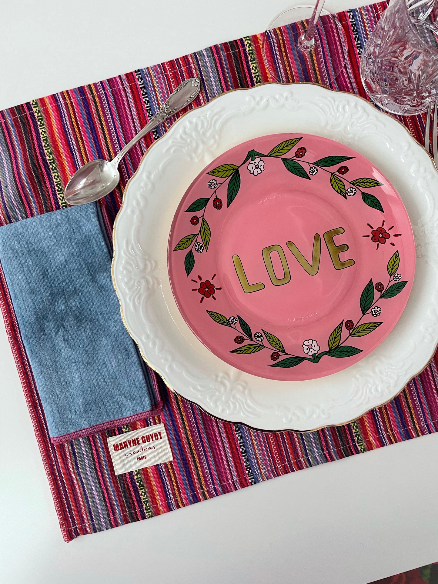 Set de table rose et rayures colorées en poly coton Rosado - Lot de 2