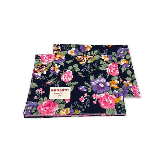 Set de table réversible motif fleuri noir et vichy rose en coton - Hellébores - Lot de 2
