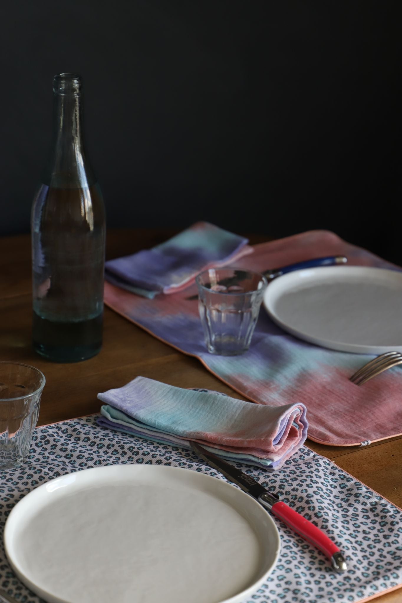 Set de table réversible motif Graou turquoise et tie and dye violet - Graou Bleu- Lot de 2